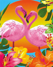 Laden Sie das Bild in den Galerie-Viewer, Malen nach Zahlen Figured'Art – Duo von rosa Flamingos und Blumen