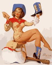 Laden Sie das Bild in den Galerie-Viewer, Malen nach Zahlen Figured'Art – Vintage Pin-up mit blauen Stiefeln