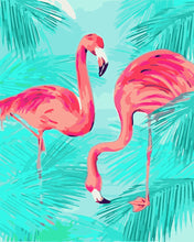 Laden Sie das Bild in den Galerie-Viewer, Malen nach Zahlen Figured'Art – Duo von rosa Flamingos und Laub