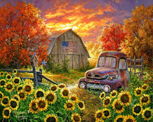 Laden Sie das Bild in den Galerie-Viewer, Malen nach Zahlen für Erwachsene | Sonnenblumenfeld mit Oldtimer an der Scheune | Figured'Art