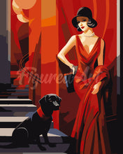 Laden Sie das Bild in den Galerie-Viewer, Malen nach Zahlen Figured'Art – Art-Deco-Frau mit ihrem Hund