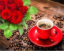 Laden Sie das Bild in den Galerie-Viewer, Diamond Painting, Kaffee und Blumenstrauß