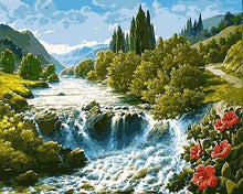 Laden Sie das Bild in den Galerie-Viewer, Malen nach Zahlen für Erwachsene | Rote Blumen am Wasserfall | Figured'Art