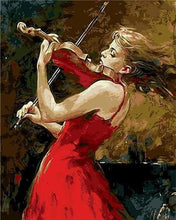 Laden Sie das Bild in den Galerie-Viewer, Malen nach Zahlen für Erwachsene | Violinistin im roten Kleid | Figured'Art